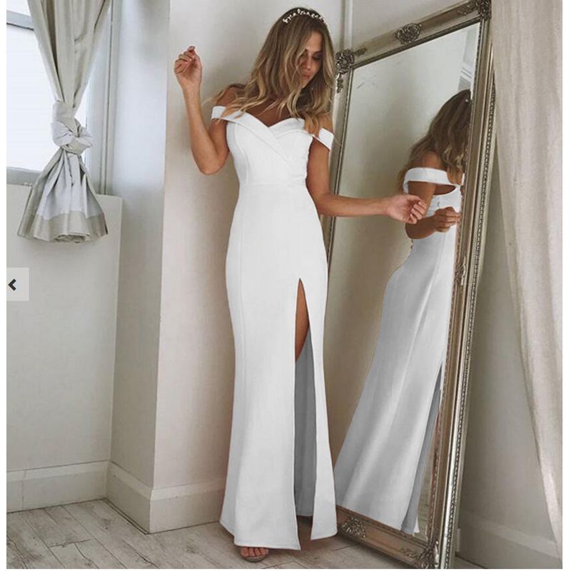 Summer New Women Dress Elegant Party Evening Sexy Vestidos White Slim Cotton Maxi Dress Female Slash Neck Off Shoulder Long Robe