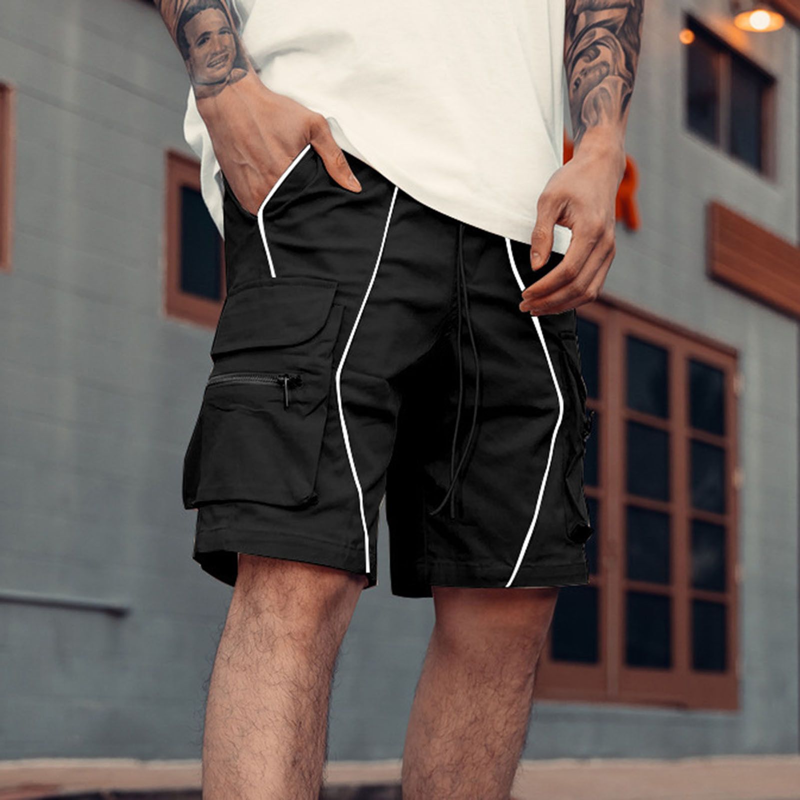 Cargo Shorts Drawstring Reflective Men Loose Straight Pockets Short Pants for Fitness