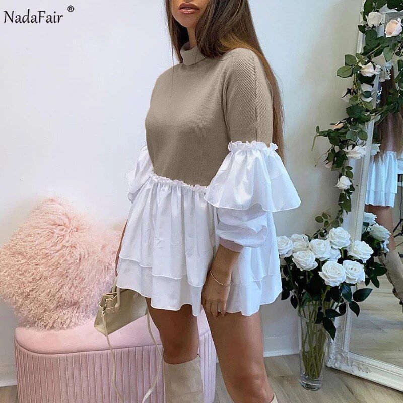 Nadafair Puff Sleeve  Mini Dress Women Casual Party Rib Shirt Patchwork 2021 Spring Long Sleeve Wrap A-Line Woman Dress