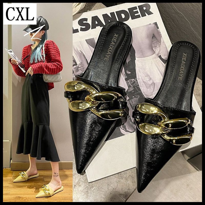 Fashion Flat Slippers Style Gold Chain Inlay Mules Sandals For Women（Size 35-39）
