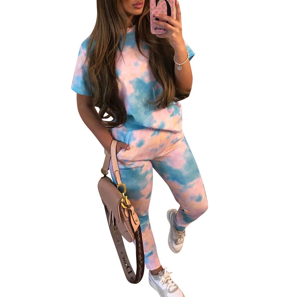 2021 2 Pieces Suit Set, Women’ s Floral Print Round Neck Short Sleeve T-Shirt and Trousers, S/M/L/XL