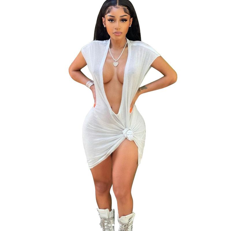 CM.YAYA Women Dress Solid Short Sleeve Deep V-neck Sheath Elastic Dresses  Night Club Fashion Casual Outfit Summer 2021