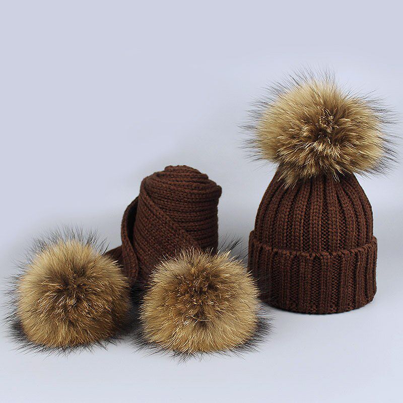 Parent-child Cap and Scarf Set Cute Kid Baby Pompon Winter Knitted Hat Cap Three Nature Fur Pom Pom Balls Bones 2018