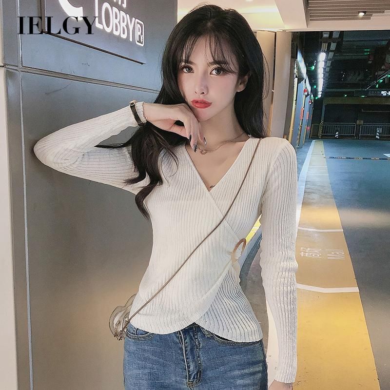 IELGY Sweater V-neck Slim Pullover Fashion Base Women's clothes Black Knit Long sleeve