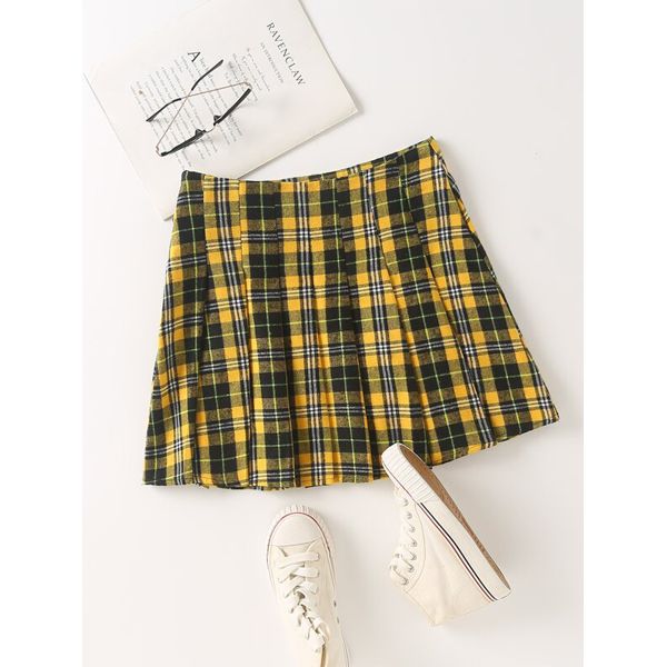 Women Sexy Mini Skirt, Autumn and Winter Adults Plaid Skirt with Buckle (Purple, Yellow, Blue, Red)