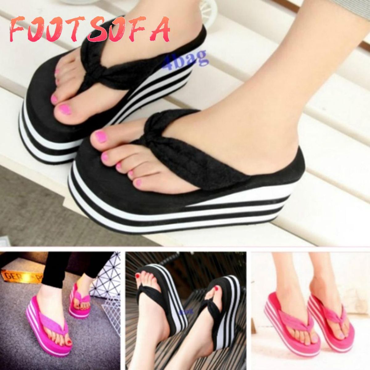 Womens Slippers High Heel Flip Flops Striped Wedge Sandals Comfy Beach Shoes