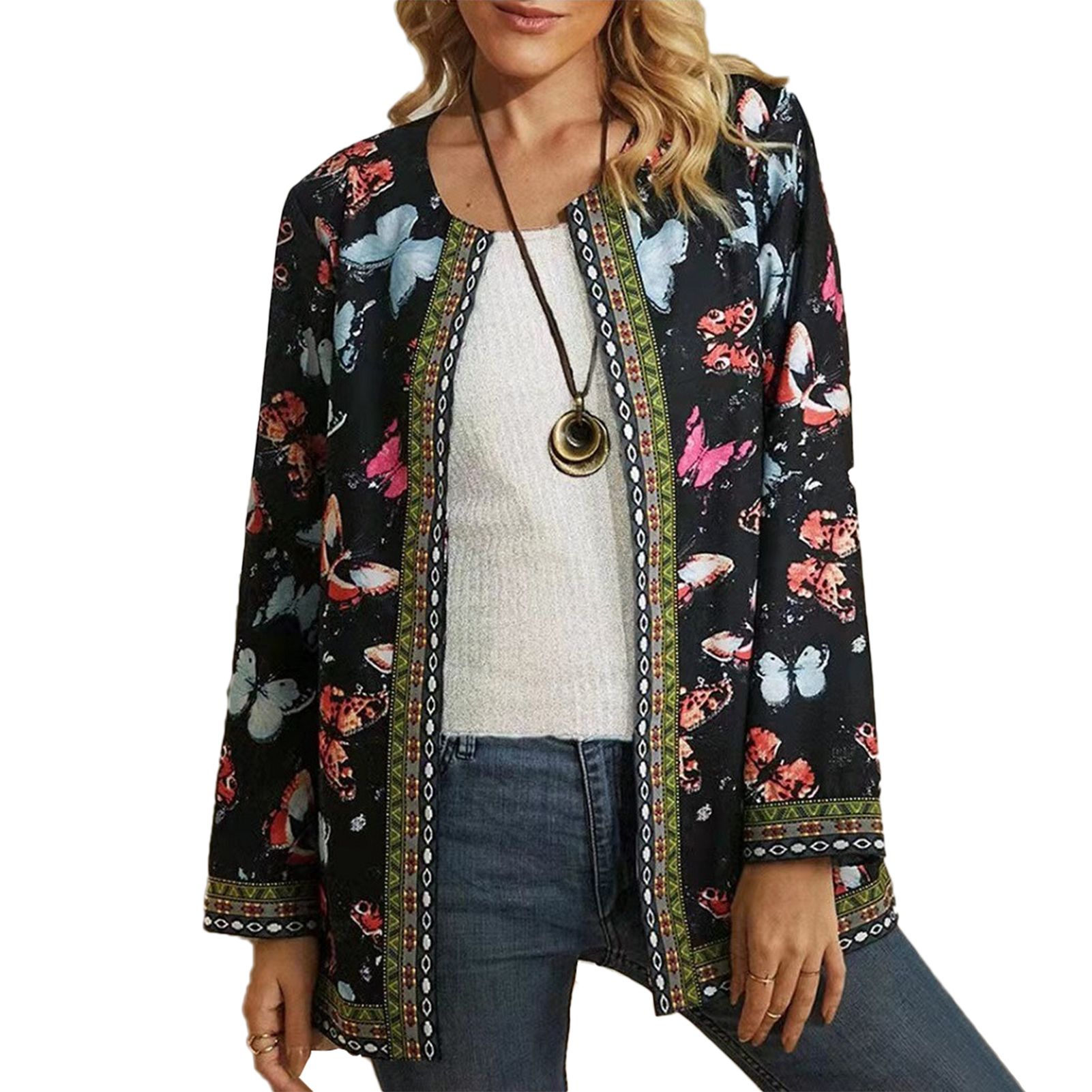 Women Cardigan Coat Geometry Print Loose Pockets Jacket