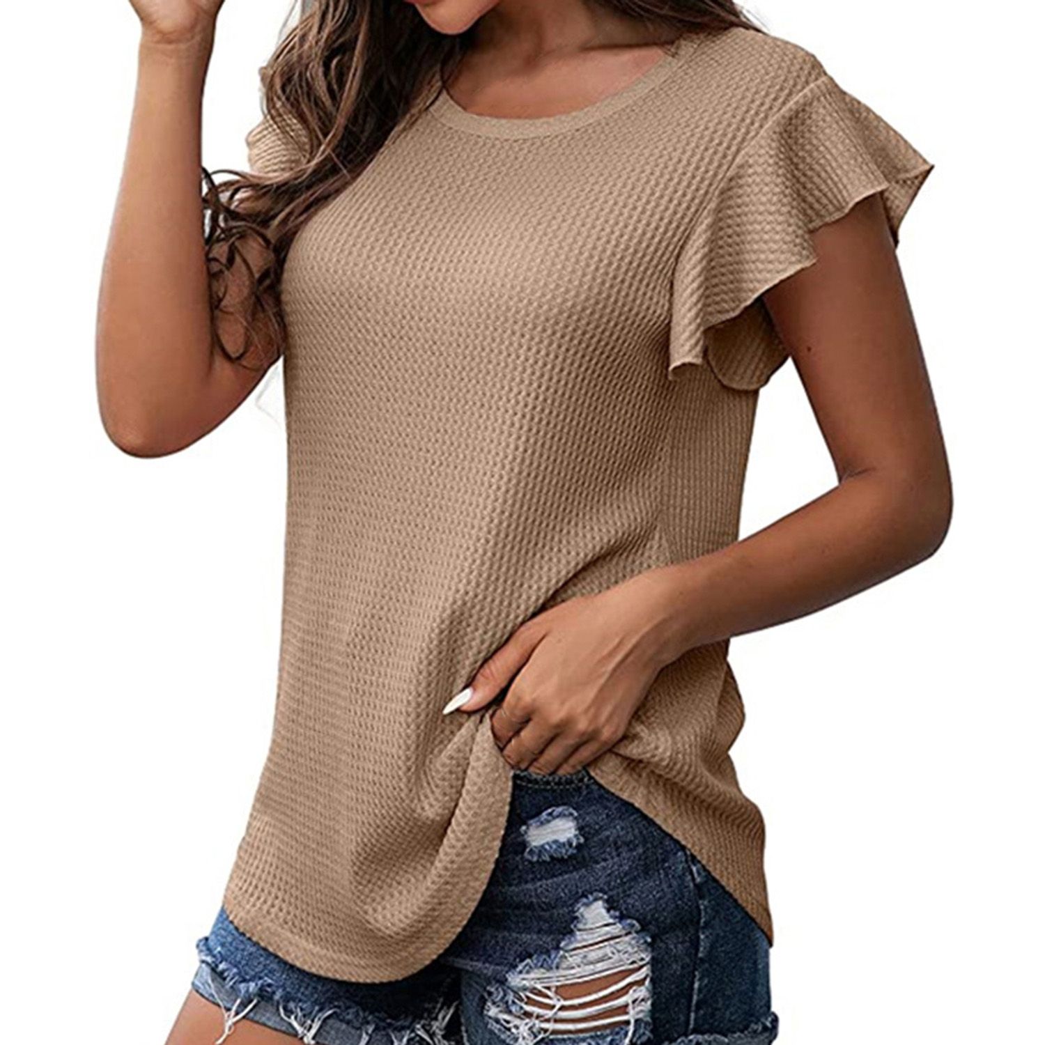 Tee Top Crew Neck Ruffle Short Sleeve Solid Color T-shirt
