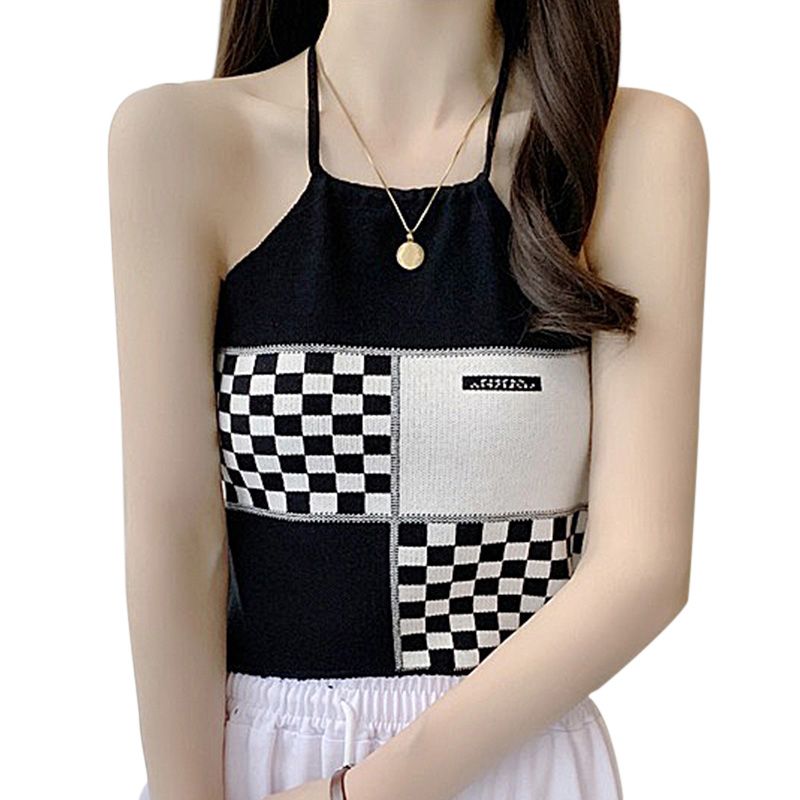 Women Halter Tanks Tops with Plaid Patchwork, Navel Backless Casual Style Summer Clothing