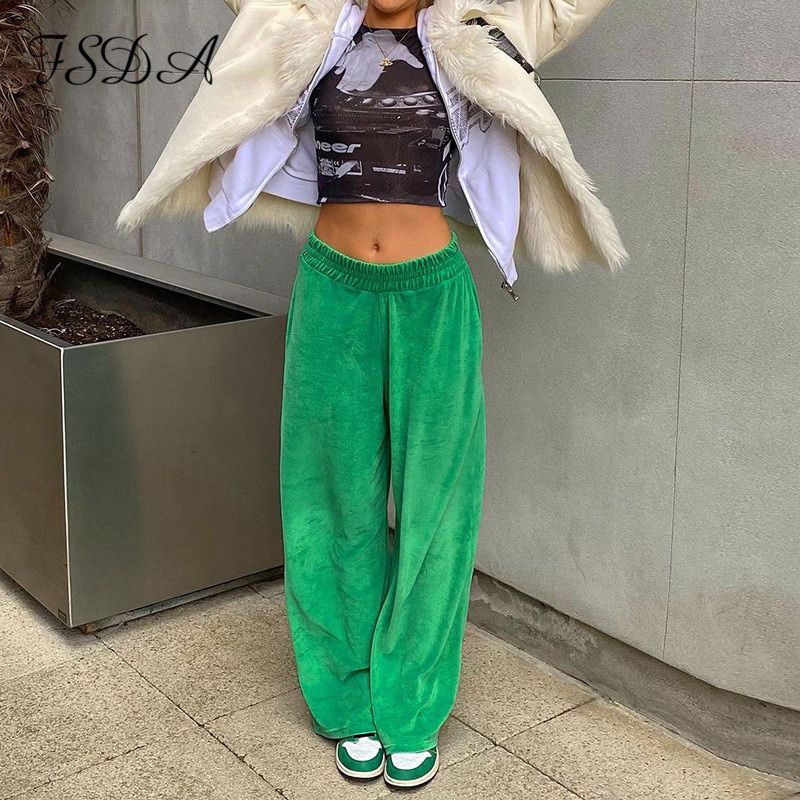Green Loose Wide Leg Pants Women Casual Autumn Sport Oversized High Waist Vintage Fashion Trousers
