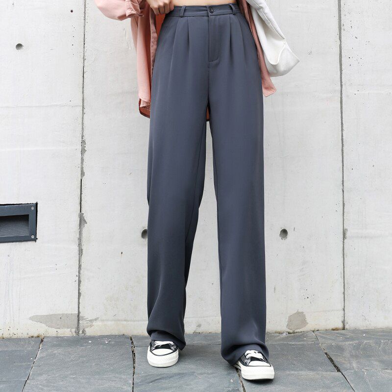 Women Wide Leg Pants Autumn Elastic Waist Pockets Button Fly Fashion Trousers Long Pants Casual Bottoms All Match B06809K