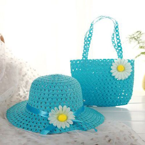 MAERSHEI Girls Kids Beach Hats Bags Flower Hat Cap Tote Handbag Bag Suit Children Summer Sun Hat For 3-7