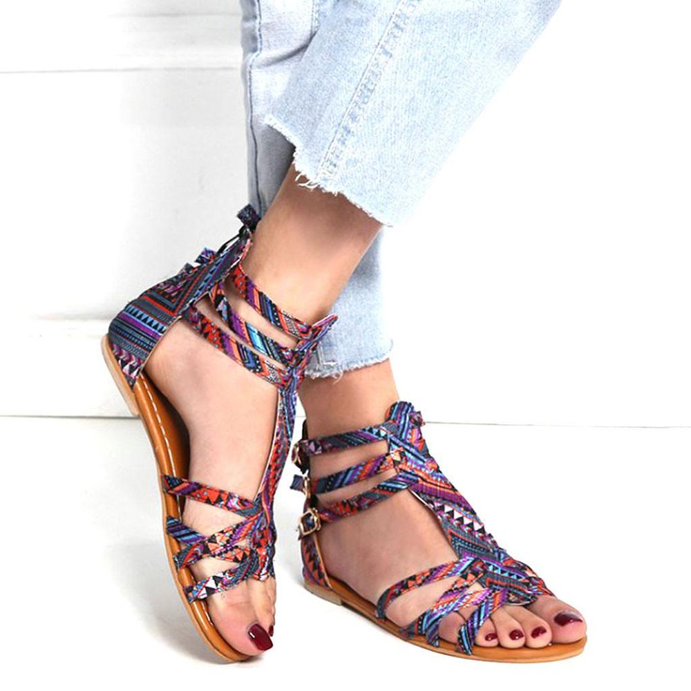 【ALLGOOD】Women's National Wind Sandals Bohemian Style Sandals Large Size Contrast Sandals