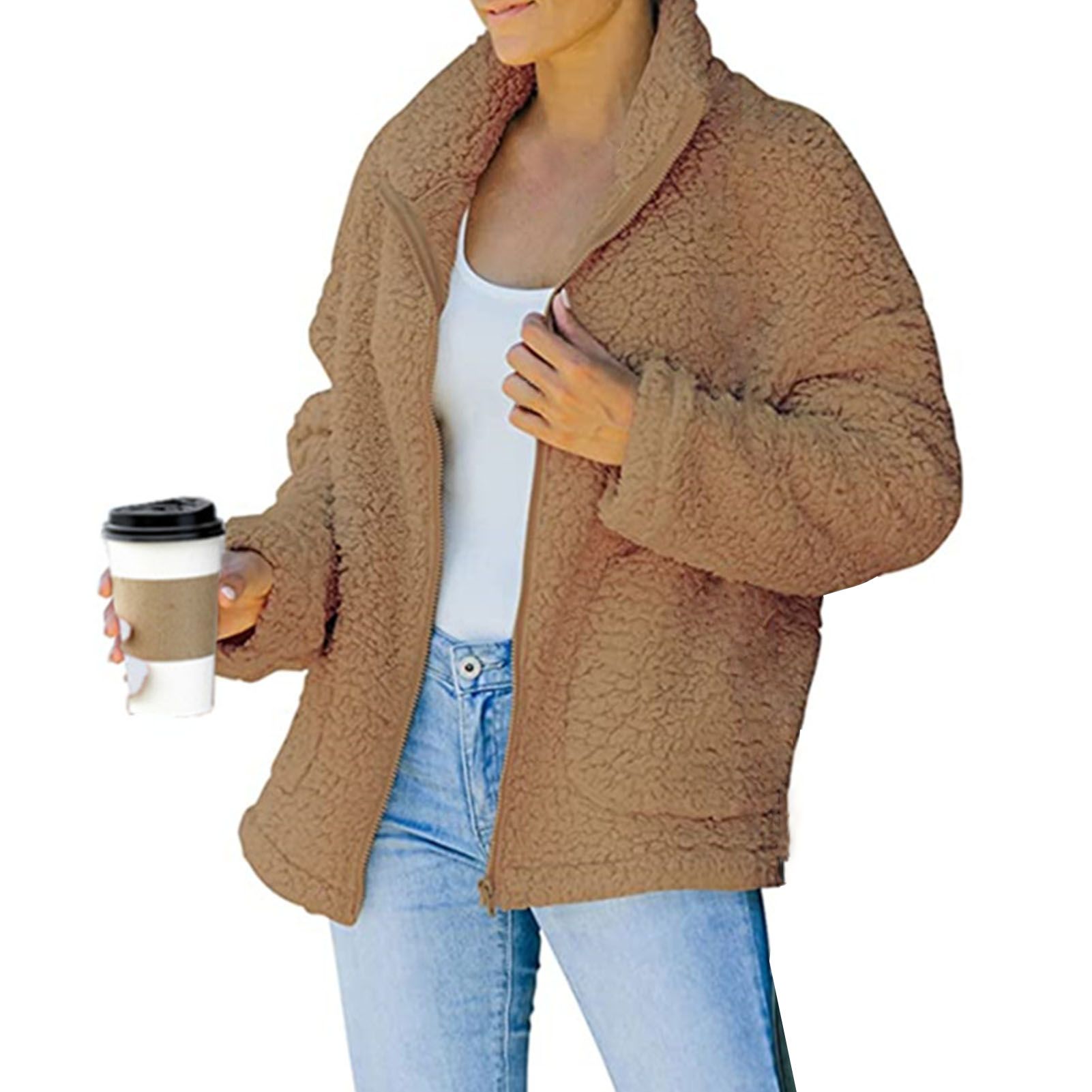 Fluffy Jacket Casual Side Pockets Solid Color Jacket Coat
