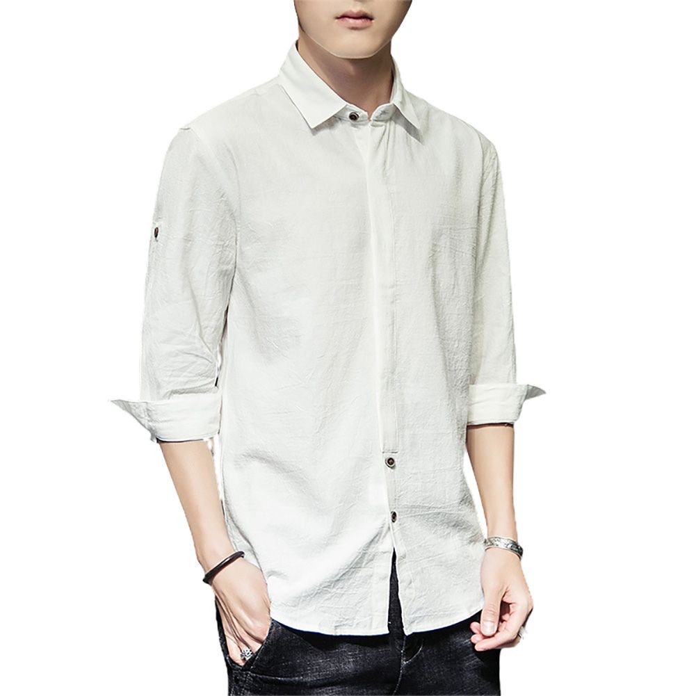 Summer Men 3/4 Sleeve Lapel Collar Casual Solid Color Cotton Linen Slim Shirt