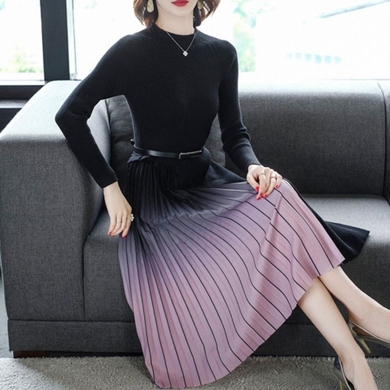Yfashion Women's Dress Stitching Contrast Color d-length Long-sleeve Knitted Dress color