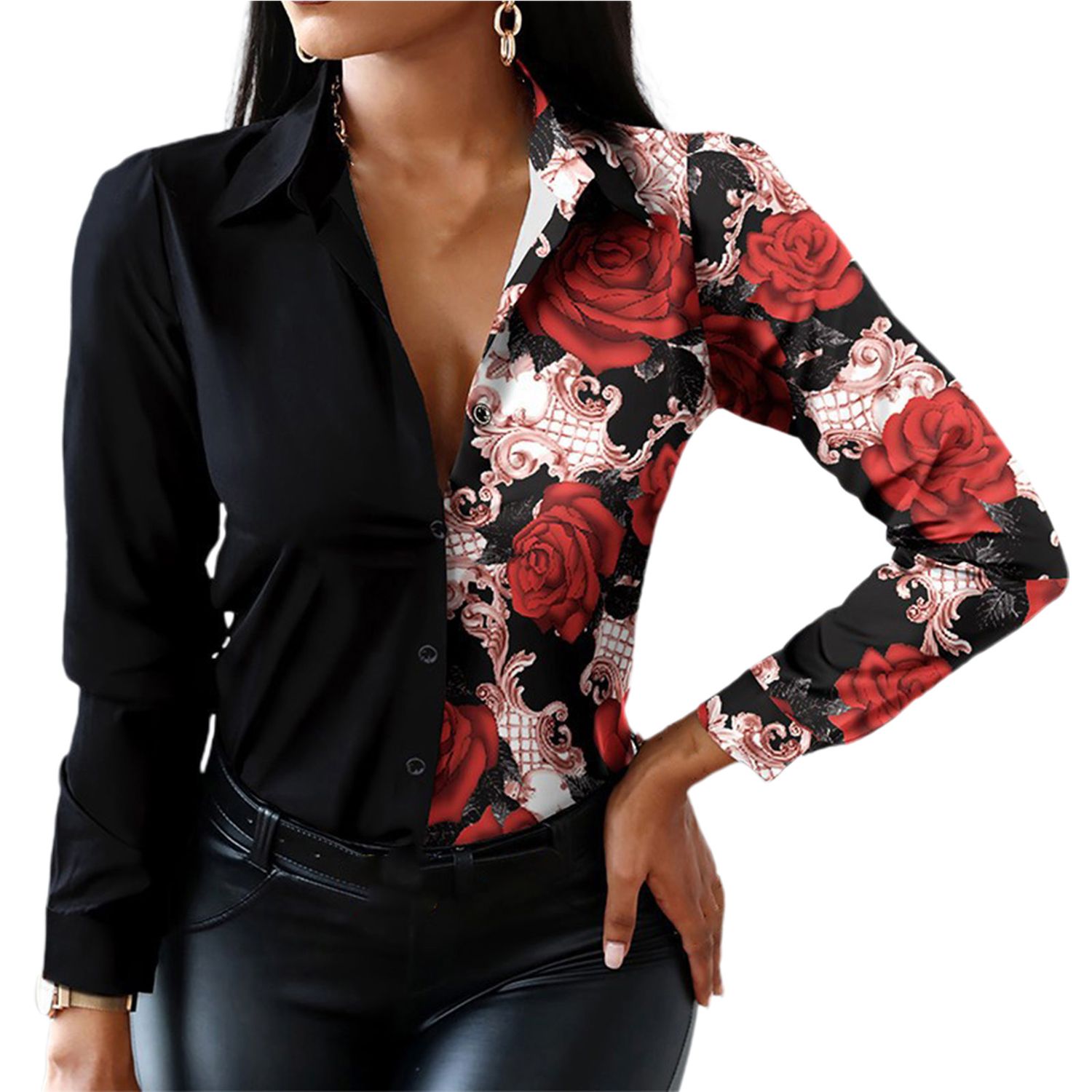 Office Lady Shirt Leopard Digital Print Lapel Blouse