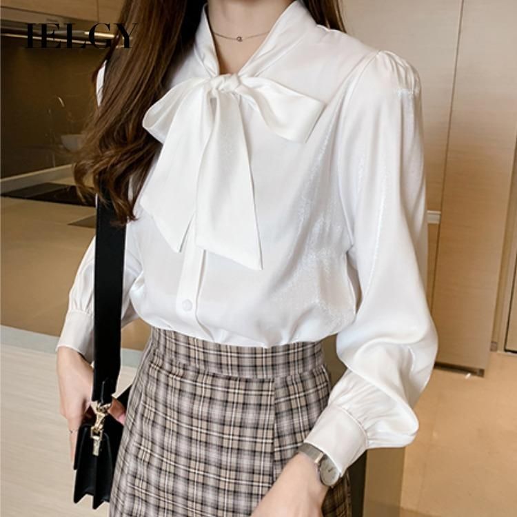 IELGY Women's clothes tops Apricot slim fashion long sleeves all-match loose shirts bows casual
