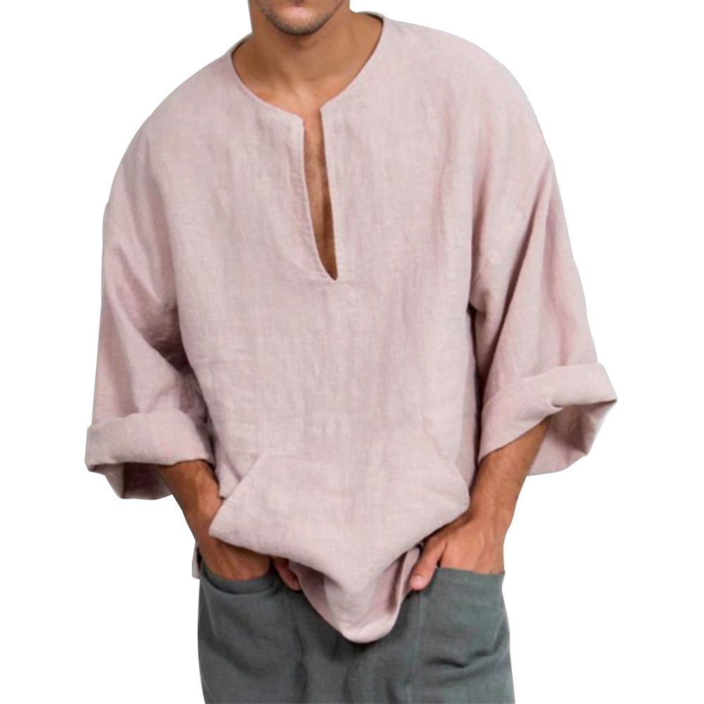 Men Casual Beach Solid Color V Neck Flare Long Sleeve Cotton Top Shirt Blouse