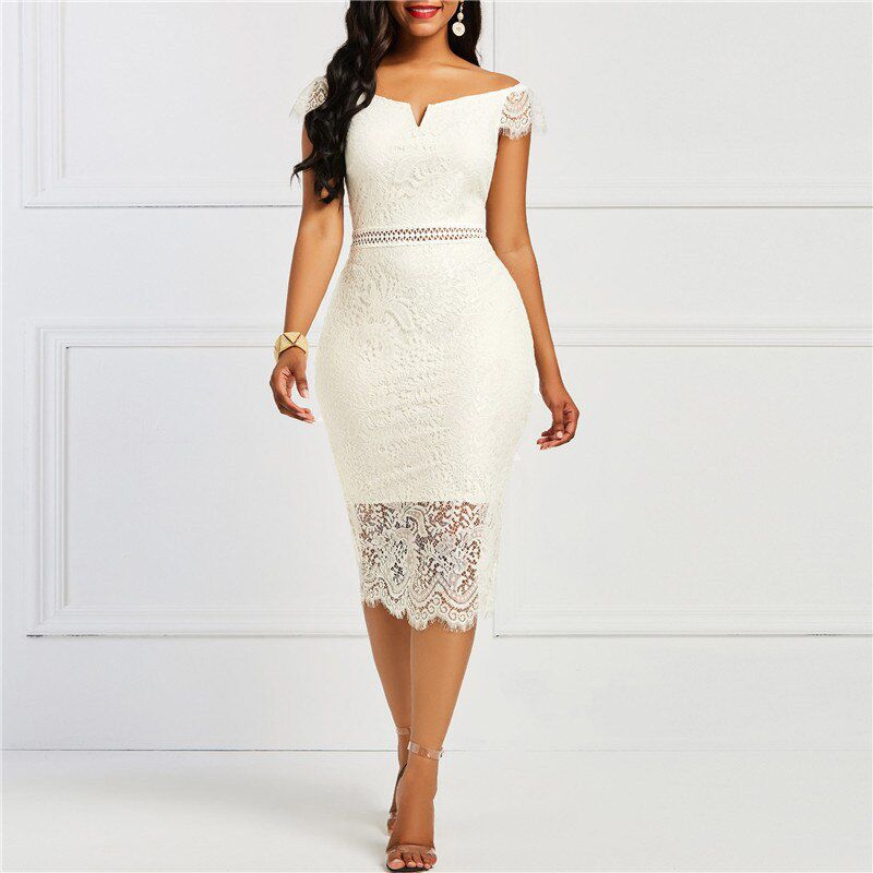 Elegant Lace Hollow Backless Party Dresses Women Sexy Slash Neck Short Sleeve Dress 2021 Retro White Midi Dress Plus Size