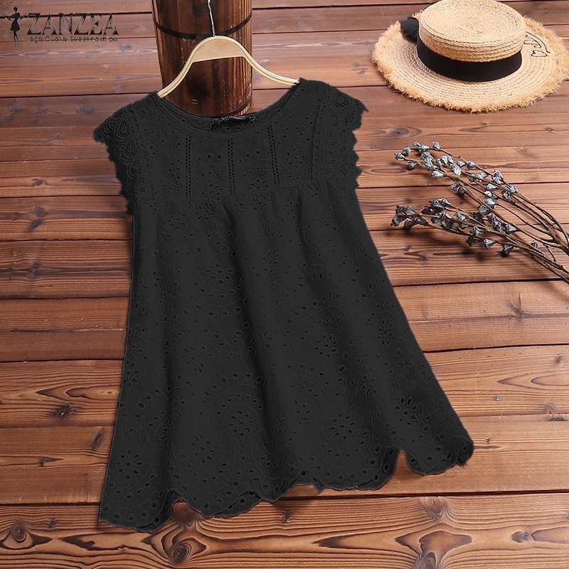 Women Lace Crochet Vest Tee Summer Hollow Out Tanks TopsSolid Casual Work Blusas White Top Sleeveless Shirt