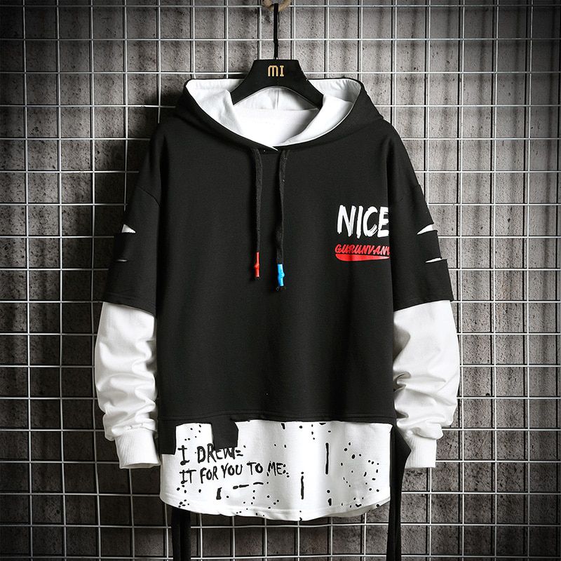Patchwork Hoodie Men High Street Harajuku Hooded Sweatshirts Mens Letter Print Hoodies Streetwear  Hop Pullover Hoodie