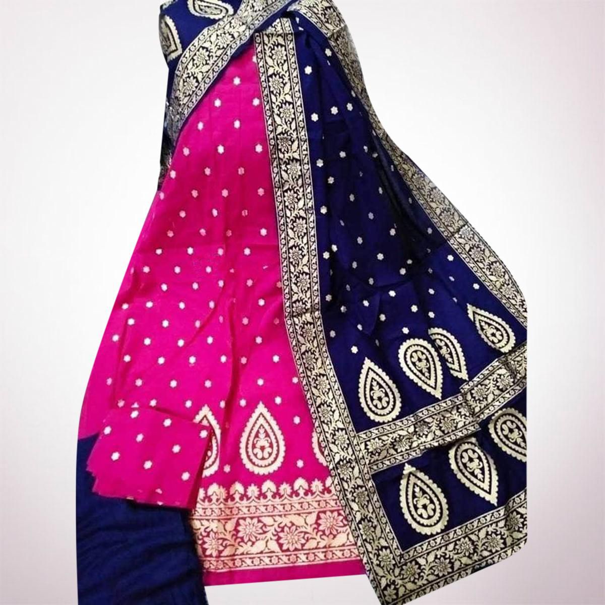 Fashionable Unstitched Deep Pink and Blue cotton Screen Printed Salwar Kameez For Women