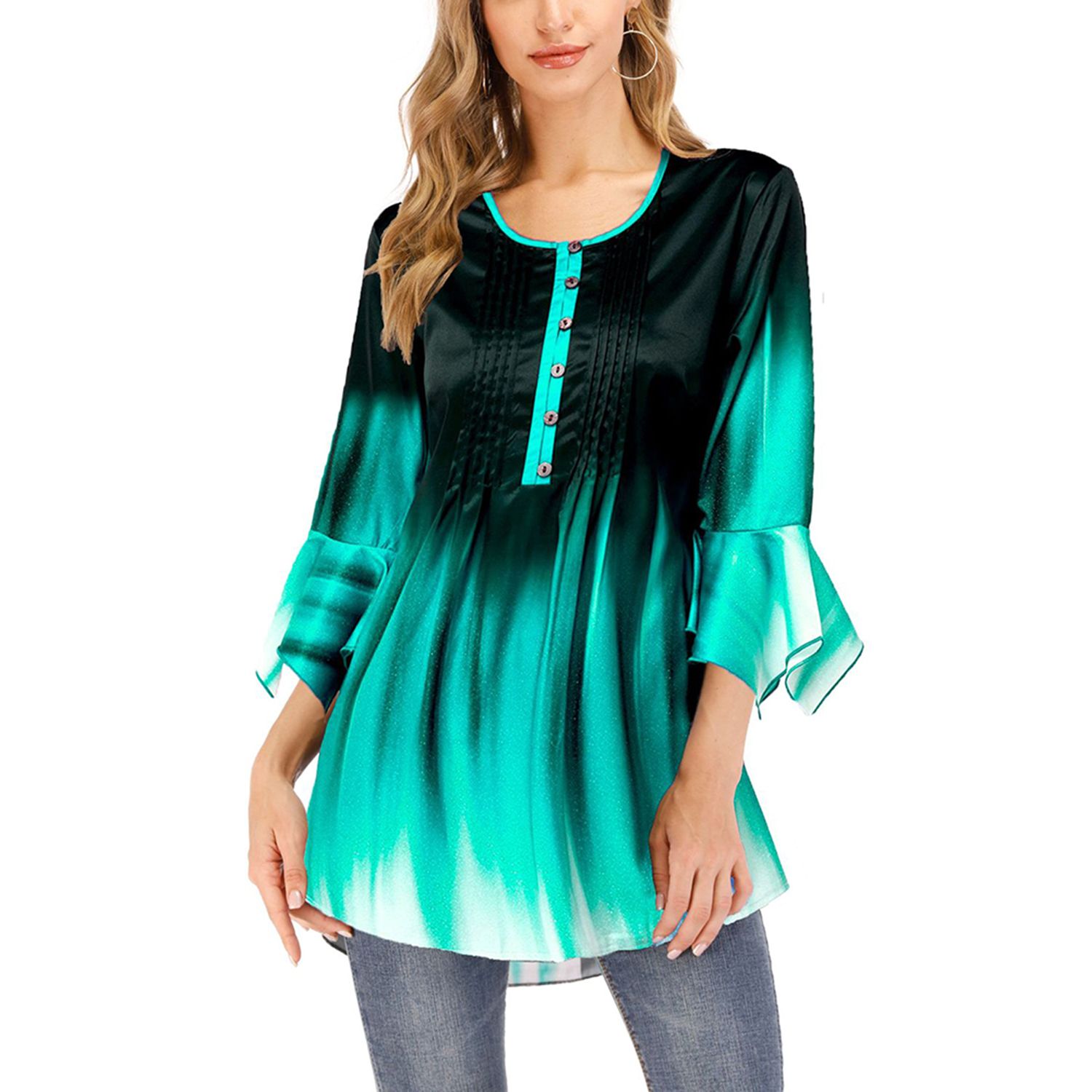 New Women Ruffle Sleeve Gradient Top Fashion Three Quarter Sleeve Loose Tops for Women Ladies