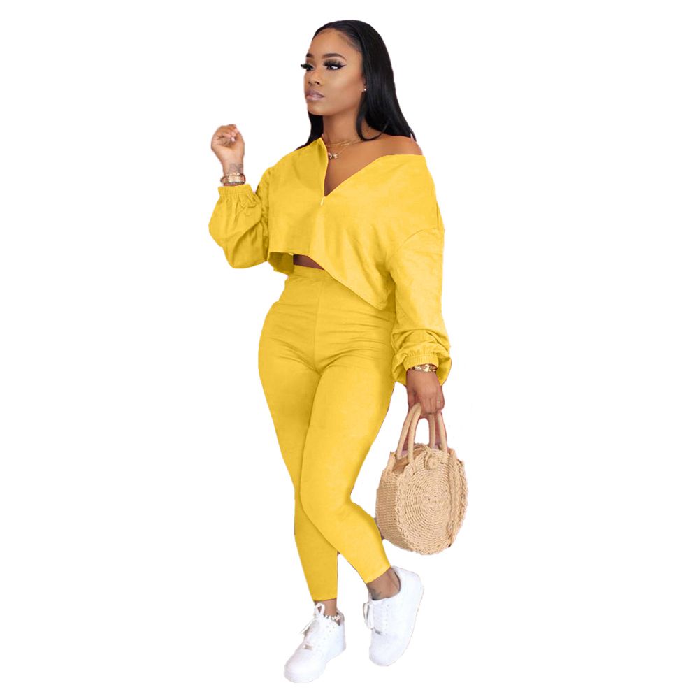 2021 Ladies Temperament Clothes Set, Summer Autumn Women Fashionable Solid Color Long Sleeve Short Top +