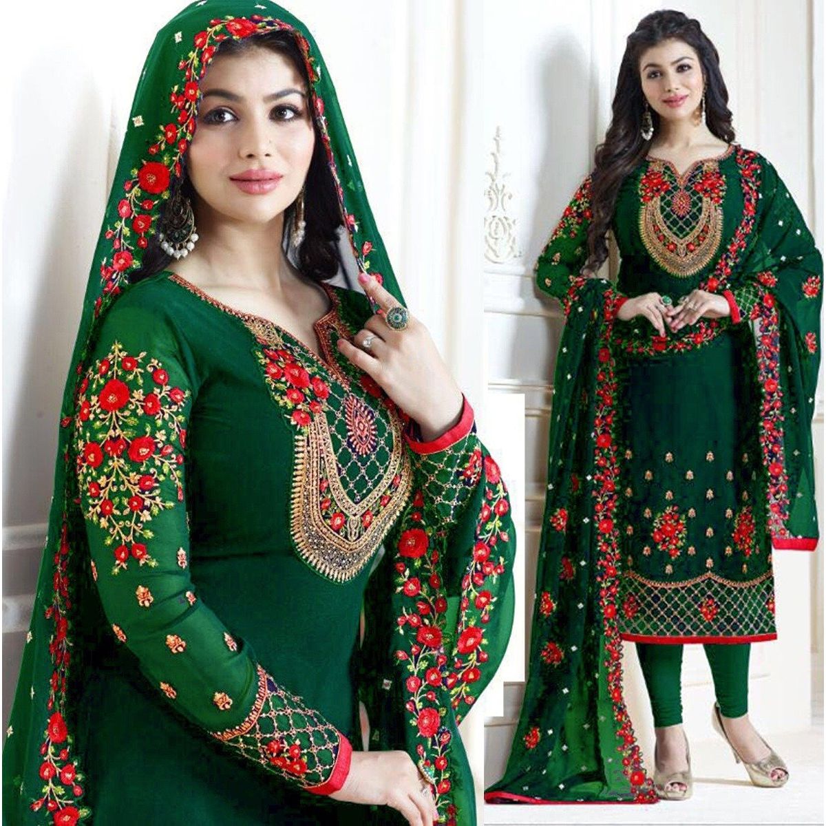 Green Color Three Pice With High Quality Embroidery Work