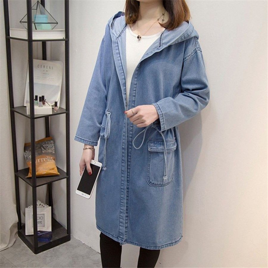 Women Casual Denim Jackets Autumn Jean Drawstring Outwear Female Long Sleeve Top Lady Hooded Coat Cardigan Oversized