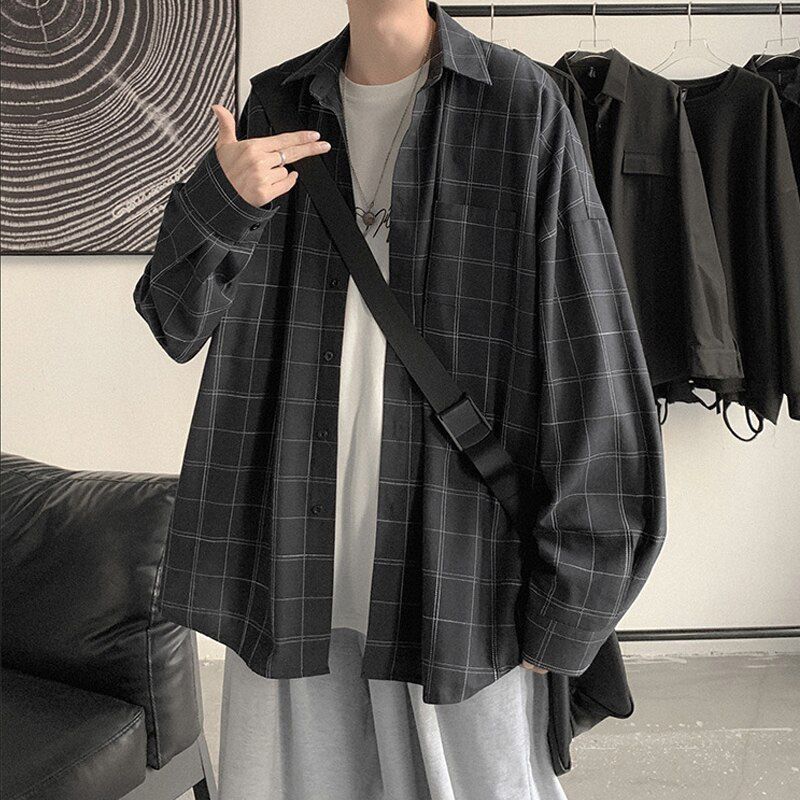 Plaid Shirt Men's fashion brand ins casual versatile shirt Korean fashion coat handsome clothes 2021