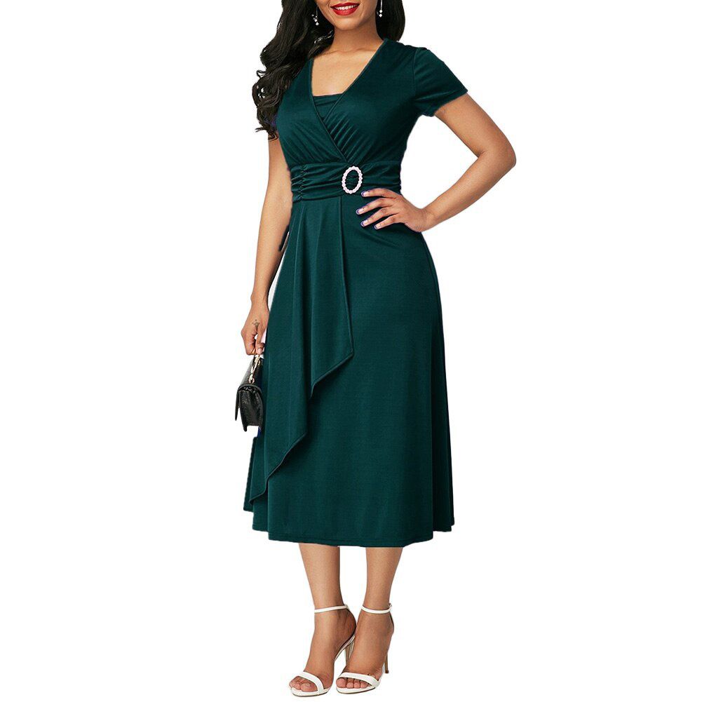 Fashion Plus Size Dress Women Short Sleeve Asymmetric Hem Waist Tight Large Swing Midi Evening Party Dress