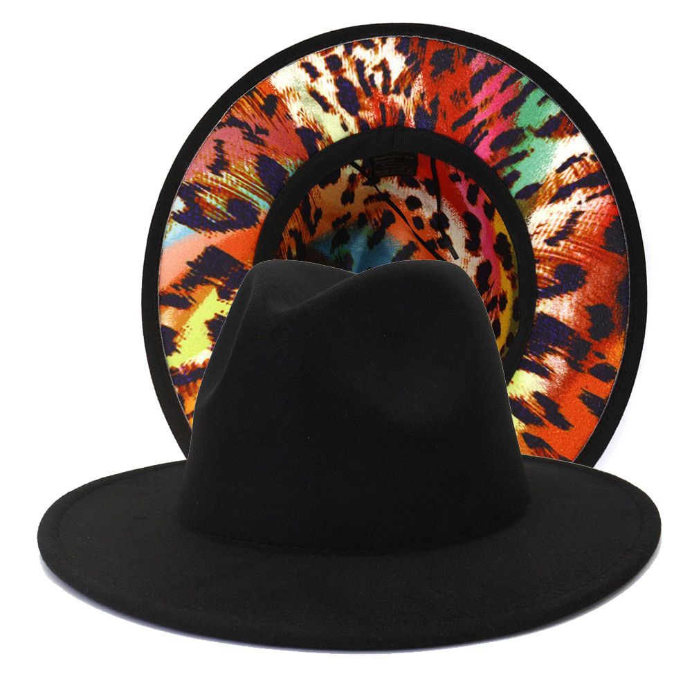 Women Hat Fedora Patchwork Black Leopard Men Caps Panama Wide Brim Leopard Pattern Casual Women Fedora Hats SombrDe Mujer