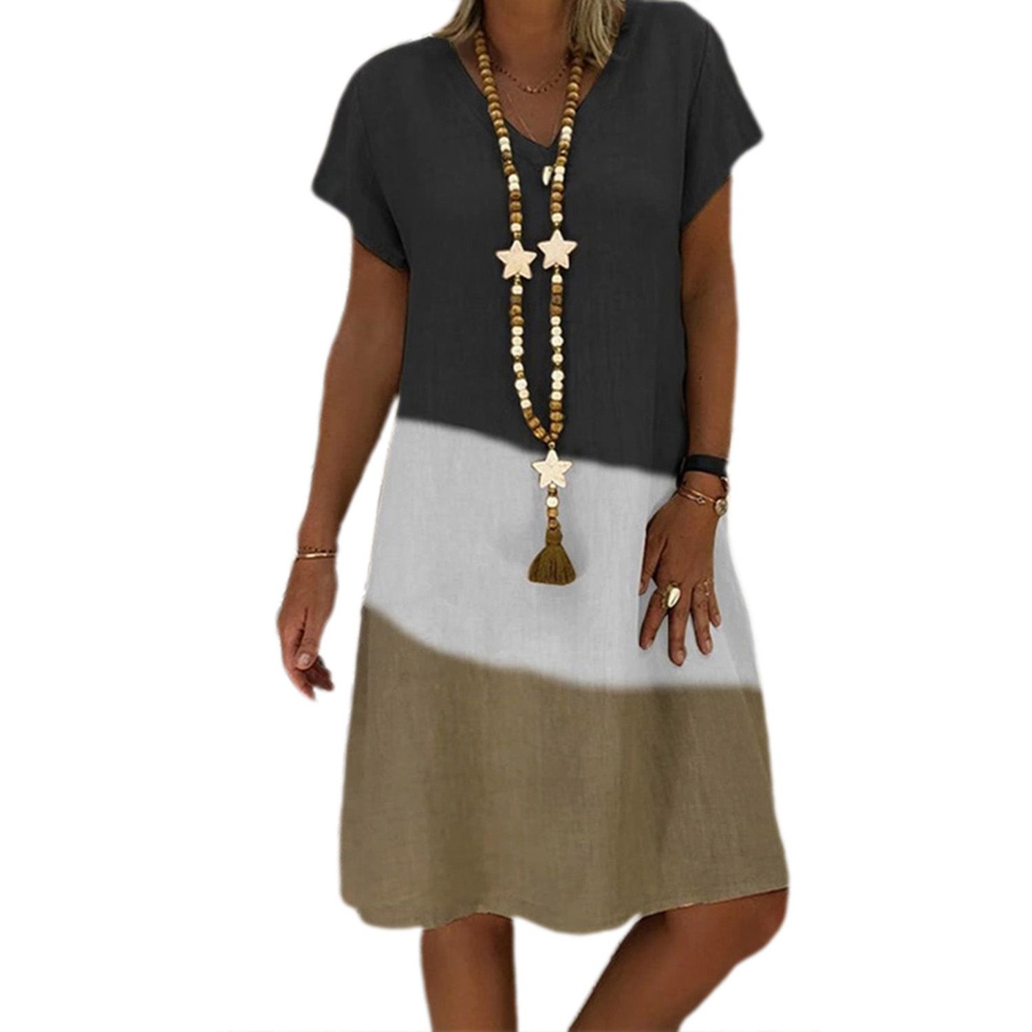 2021 Women’s T-Shirt Loose Dress, Short Sleeve V Neck Triple Color Block Stripe Tunic Dress