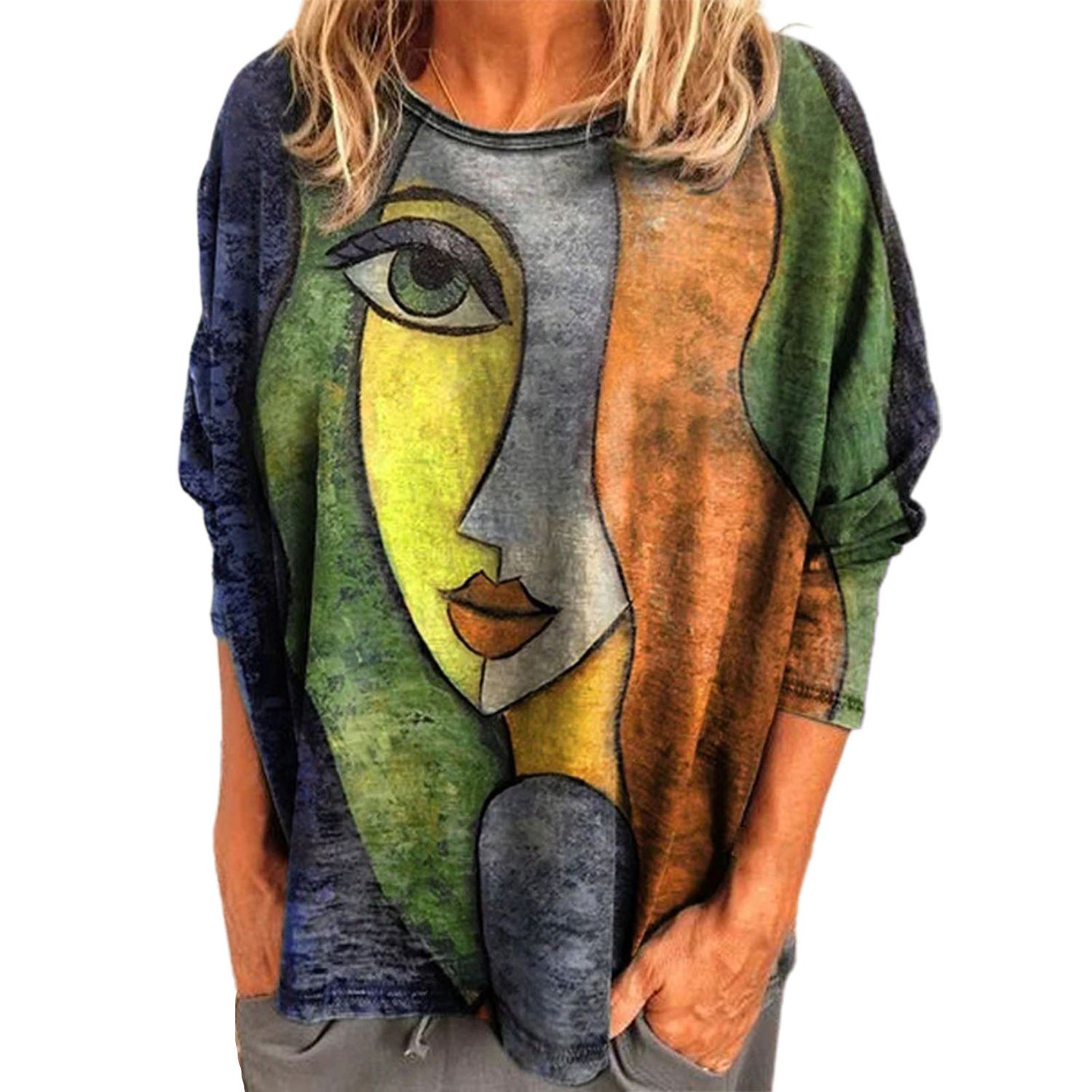 Tee Top Round Neck Abstract Face Print Long Sleeve Blouse