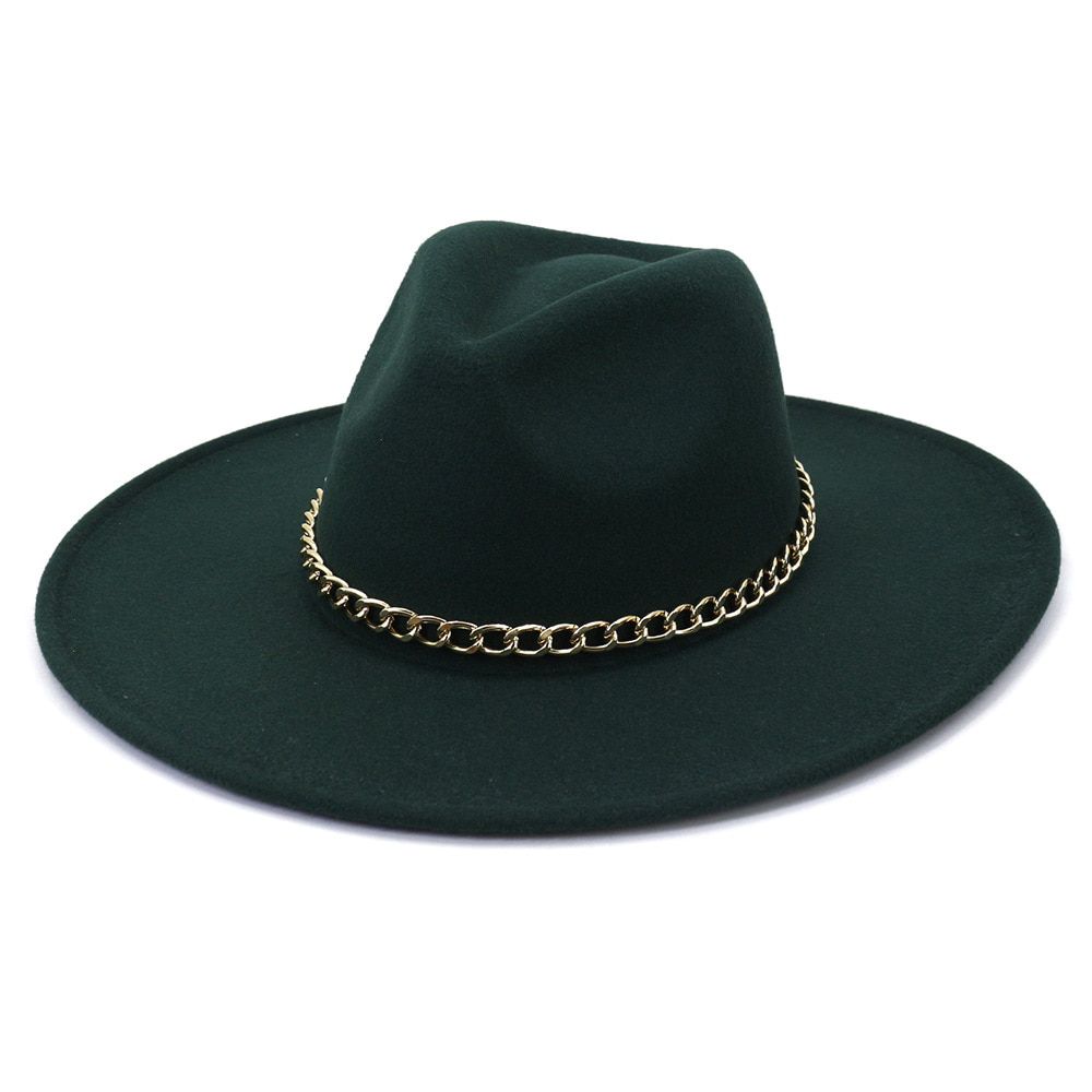 Colorful Metal chain Big Brim Fedora Hats Casual Men Women Fashion Felt Hat white red pink Panama Trilby Formal Party Cap