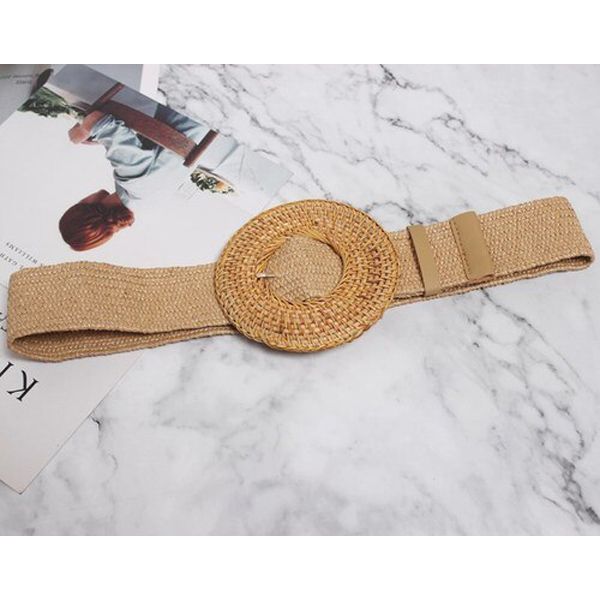 Summer Elastic Imitate Woven Straw Waist Belts Square Buckle Adjustable Woven-straw Waistband Bohemian Beach Dress Belts