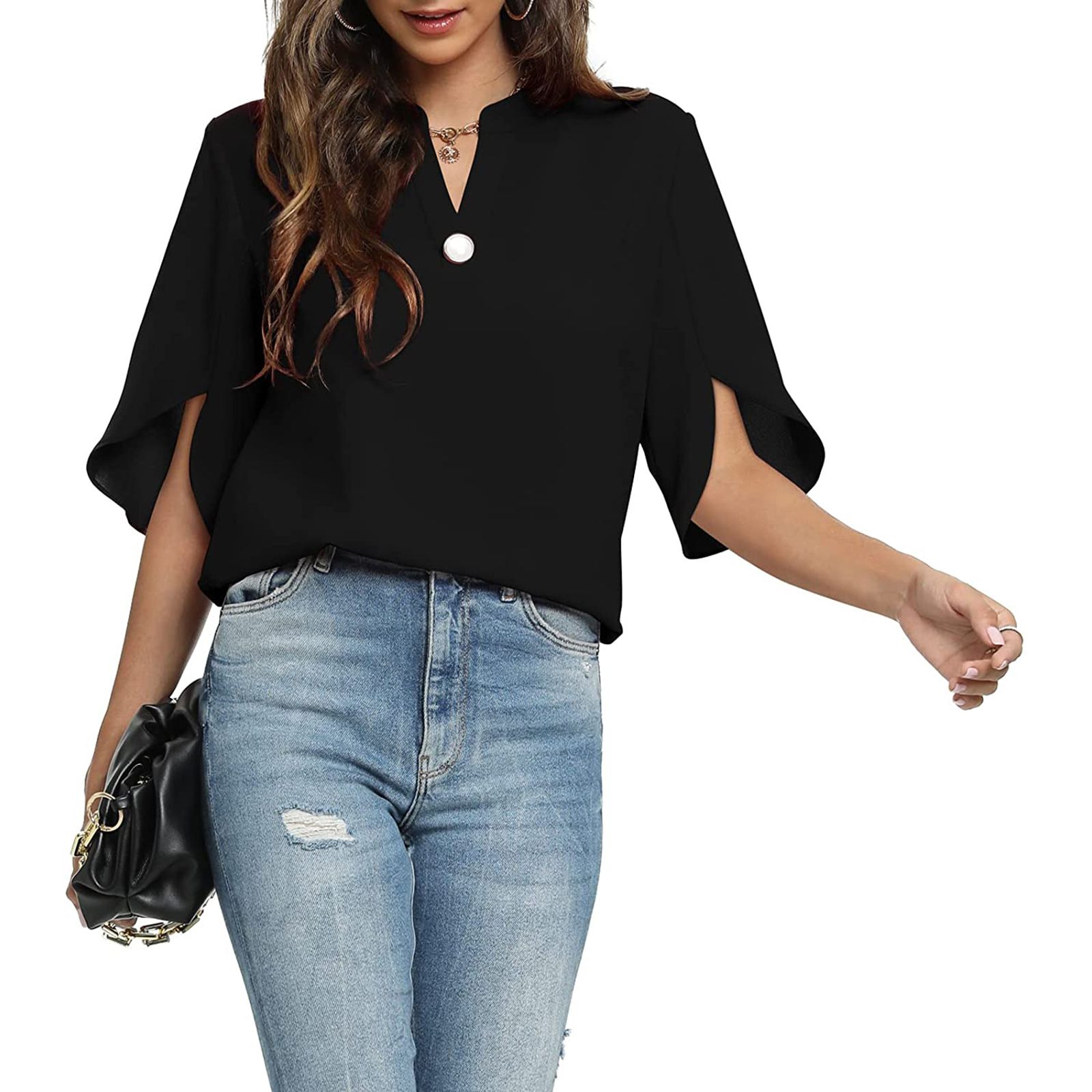 Women's Half Sleeve Blouse, Solid Color V Neck White Circular Decor Loose Fit Tops, Casual Simple Styles Shirt