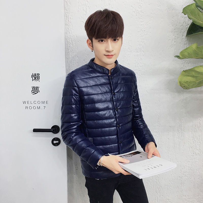 Winter Fashion Thicken Korean Style Loose and Plus-sized Men's Jacket Black Stand Collar Leather Quilted  Cloth Cotton