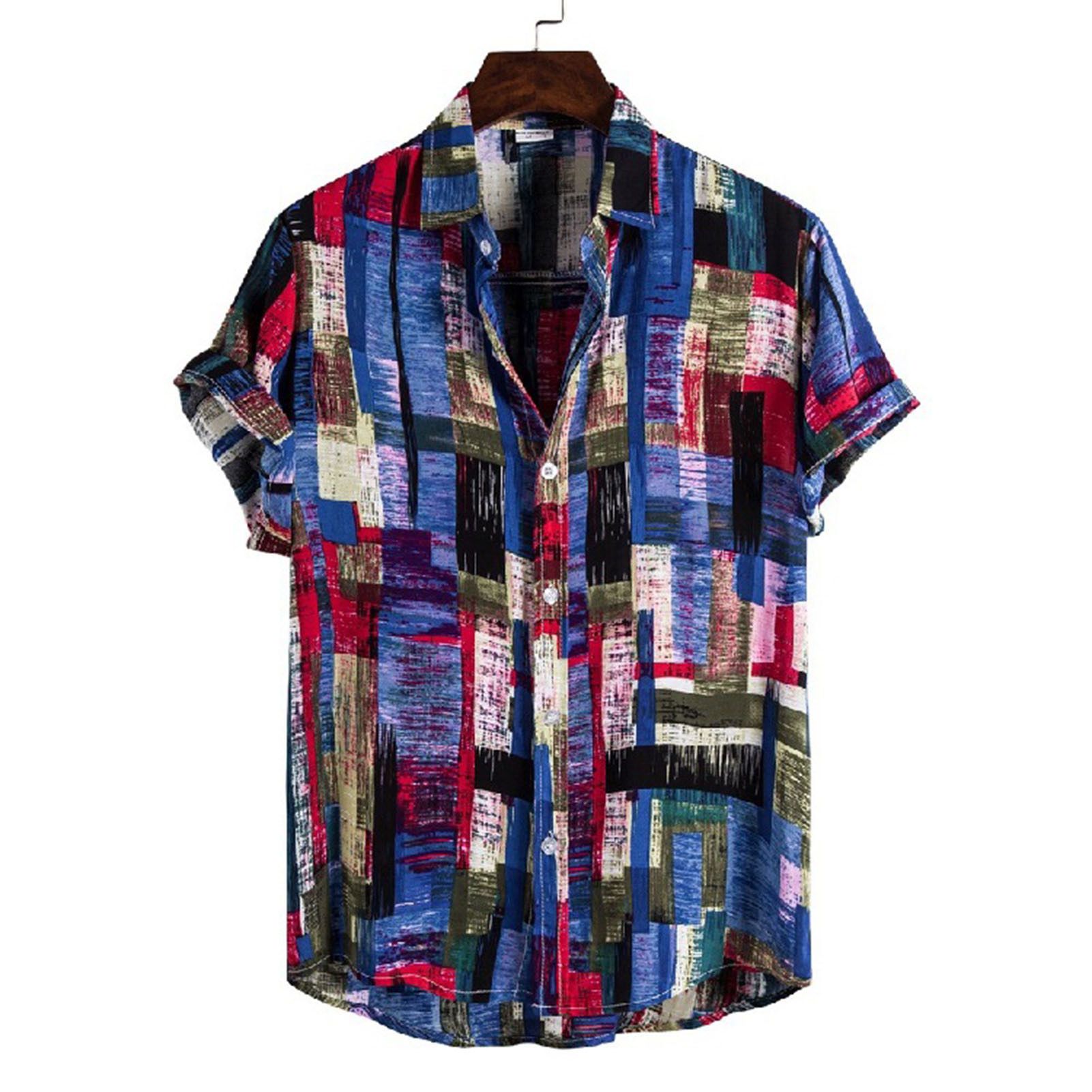 Hawaiian Shirt Printing Turn-down Collar Cotton Blend Men T-shirt Short Sleeve for Summer