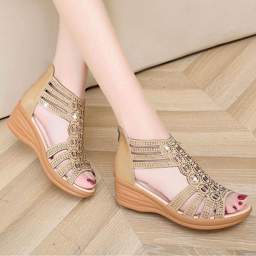 Women Sandals Summer Rhinestone Fish Mouth Hollow Rome Back Zipper Casual Shoes