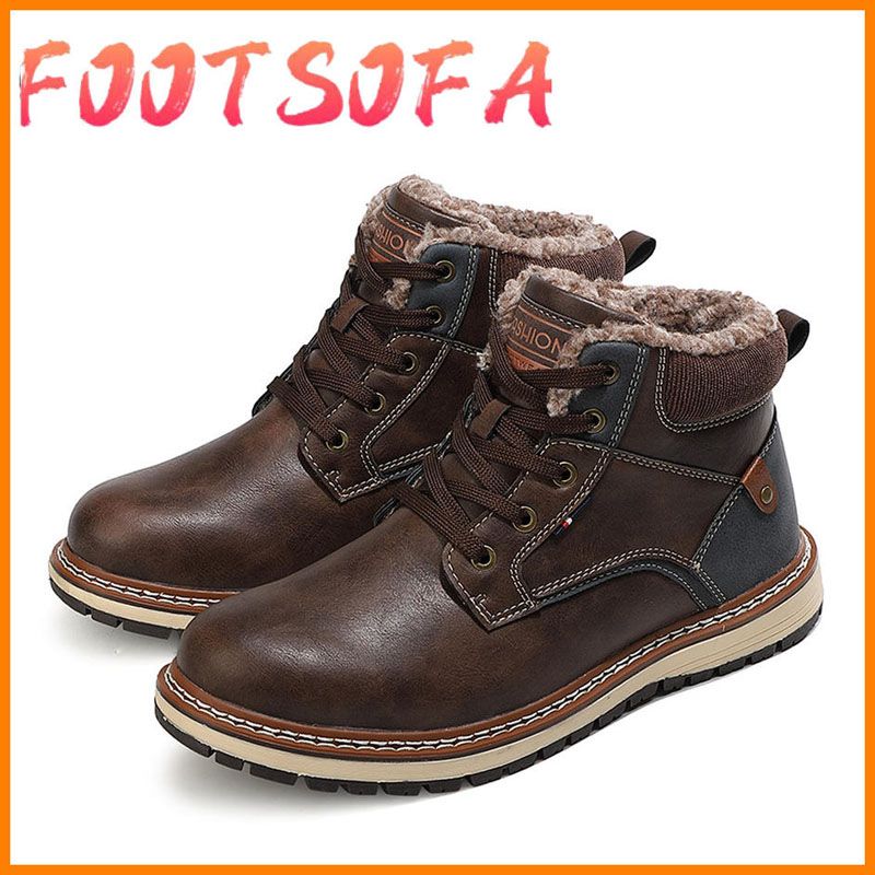 Fashion Winter Men Boots lace up Leather Handmade Ankle Boots Blue Outdoor plush warm snow Boots Men Casual Leather Shoes Men