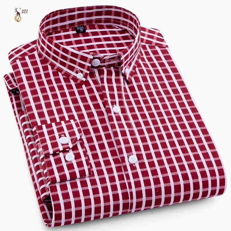 Aoliwen 2019 brand men Stripe print plaid casual shirt for men long sleeve no pocket slim fit Anti-wrinkle autumn shirts men