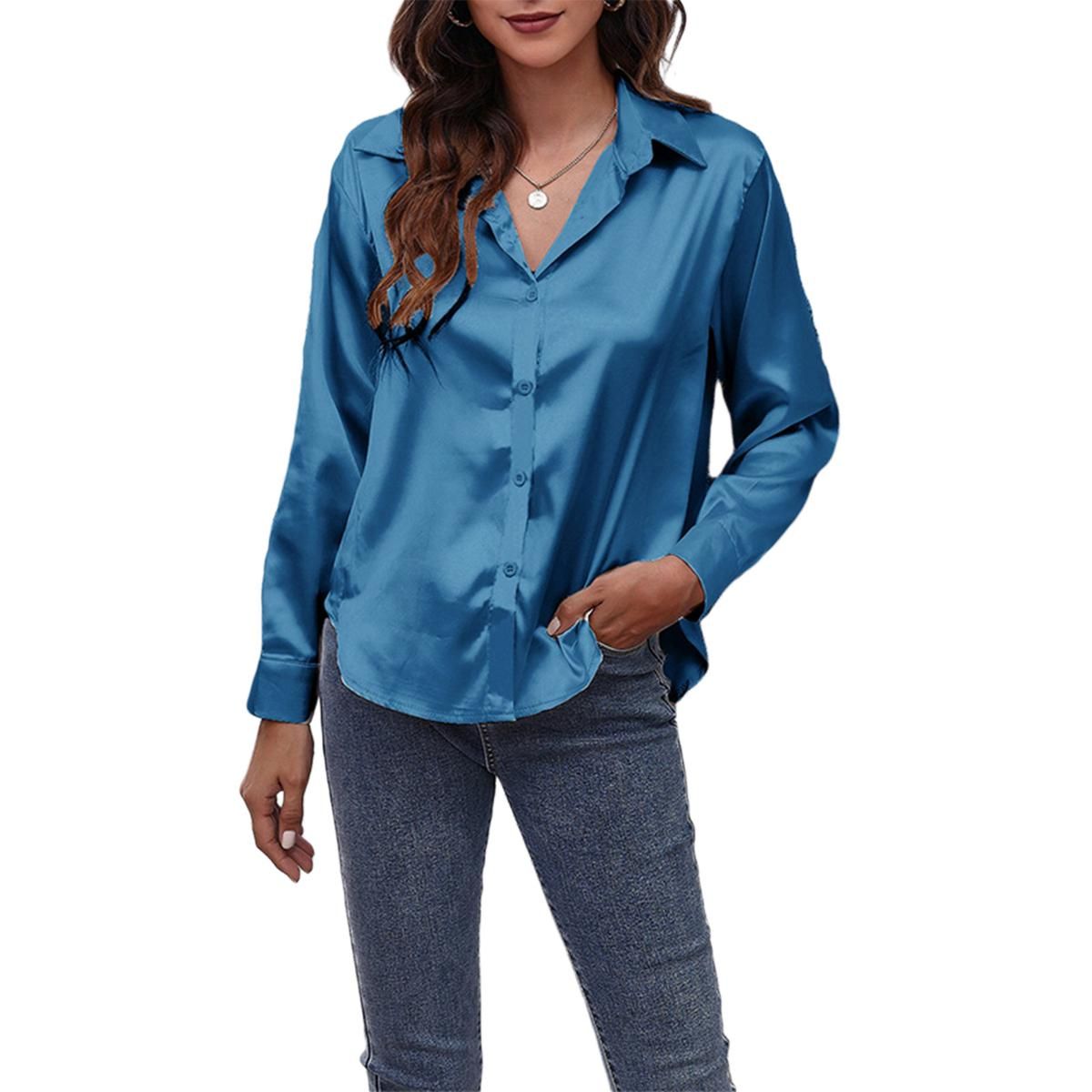 Women's Button-Down Shirt, Turn-Down Collar Solid Color Blouse, Long-Sleeved Bottoming Tops