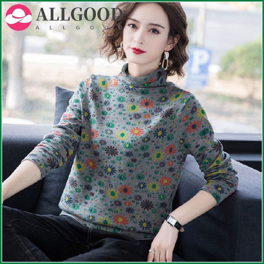 Women Tops New Spring Autumn flower Casual Full Chiffon Turtleneck Modal woman Tshirts Lady Undershirts Mori Girl
