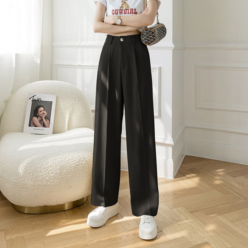 Simpel Summer Chic Button High Waist Loose Female Suit Pants Casual Pockets Wide Leg Women Trousers Thin Pants