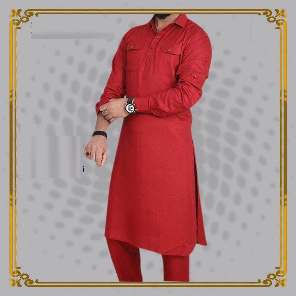 Stylish Red Trendy Linen Kabli Suit Set for Men