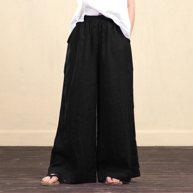 Autumn Winter Cotton Linen Fashion Women Wide-leg Pants Casual Retro Solid Color Loose Long Trouser Elegant Streetwear Pants