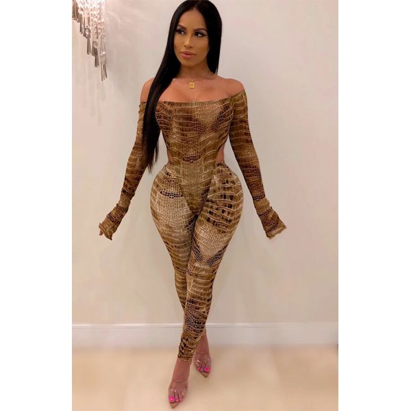 2021 Women's  Crocodile Print Rompers Suit Fashion Printed Long Sleeved Strapless Jumpsuit Two-piece